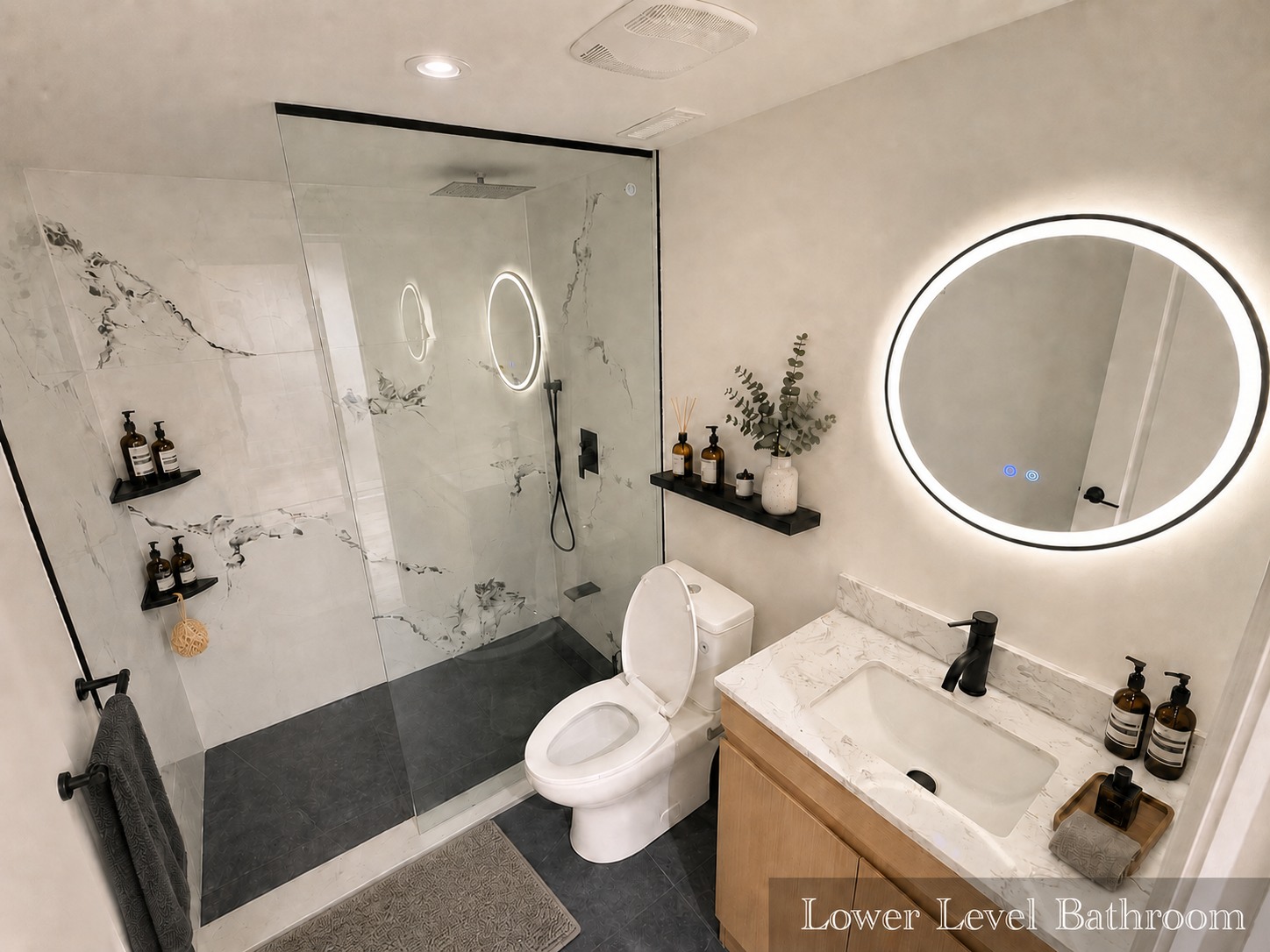 Renovated lower-level three-piece bathroom